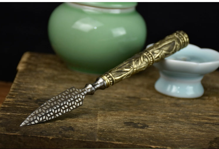 Stainless Steel Tea Knife – Golden Bamboo & Copper Handle Cutting Tool (Single Piece)
