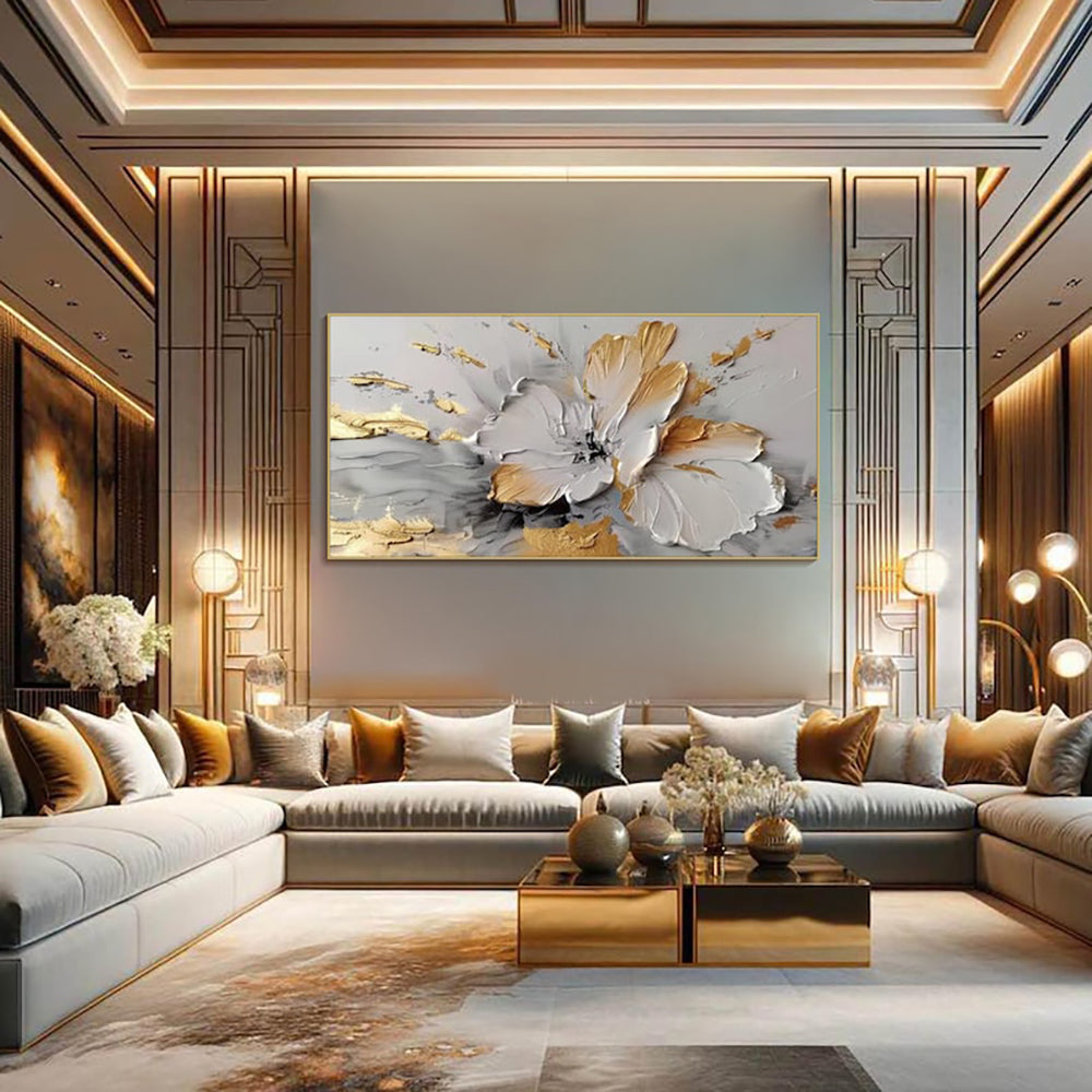 Handmade Abstract Golden White Floral Oil Painting Canvas Wall Art Frameless Unstretched Living Room Decor