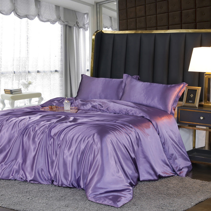 Artificial Silk Double Sided Satin Quilt Cover Bed Sheet 4 Piece Set Luxury Soft Bedding Set