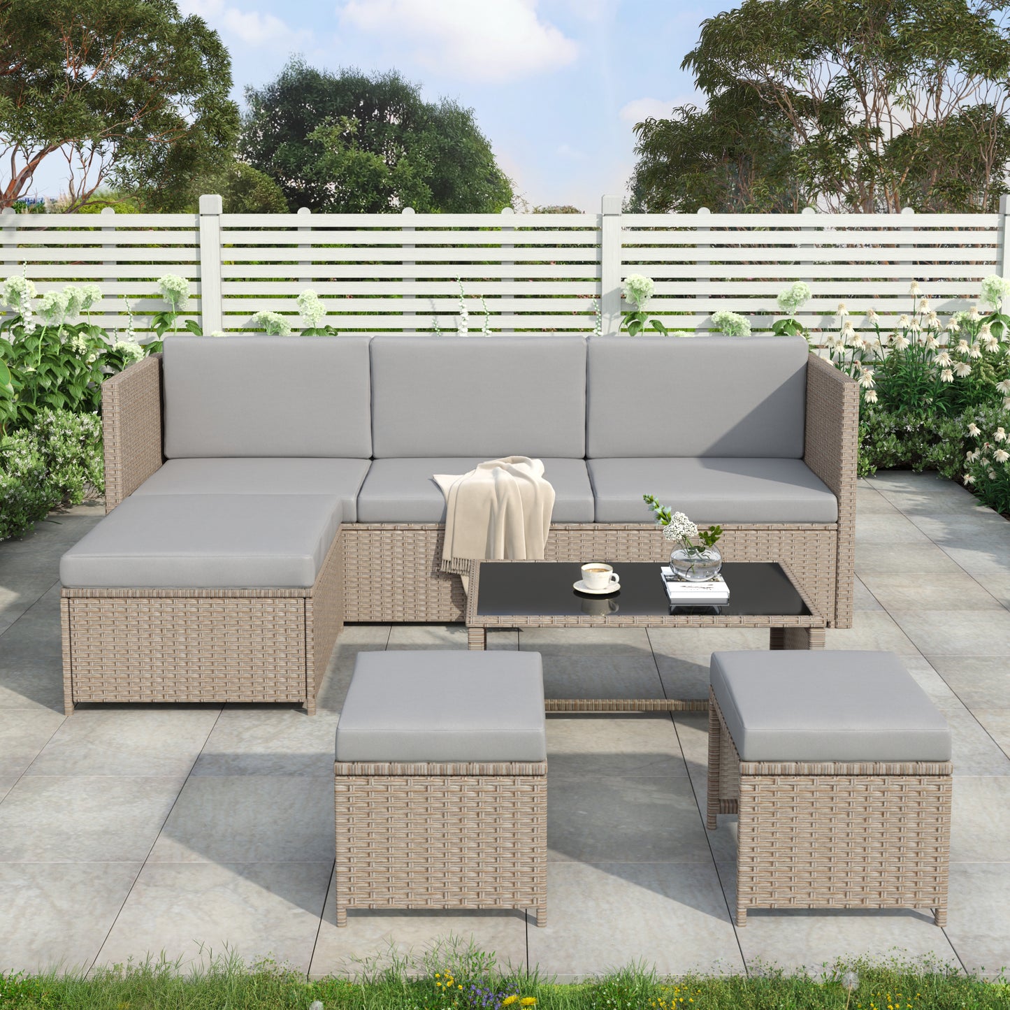 4-6 Seater Garden Lounge Set Rattan Patio Furniture Sofa Seating Group Outdoor Khaki