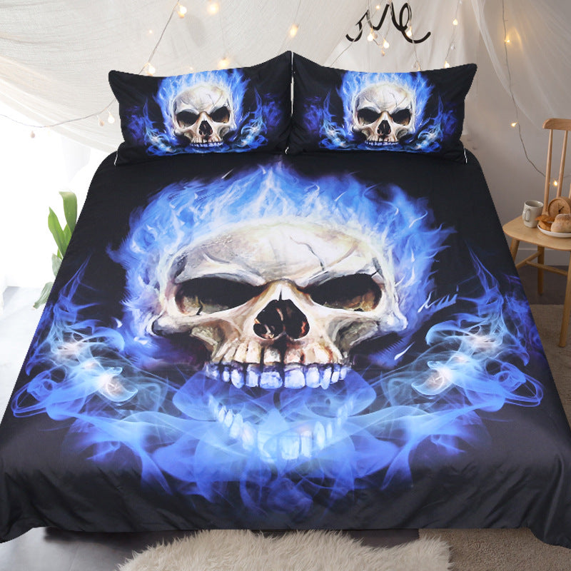 Blue Flame Skull 3 Piece Bedding Set Gothic Printed Duvet Cover Bed Sheet Set Home Decor