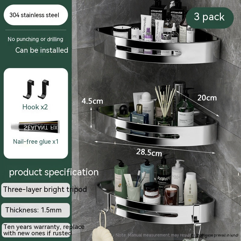 Punch-Free Stainless Steel Bathroom Triangle Storage Rack – Wall Corner Organizer Shelf