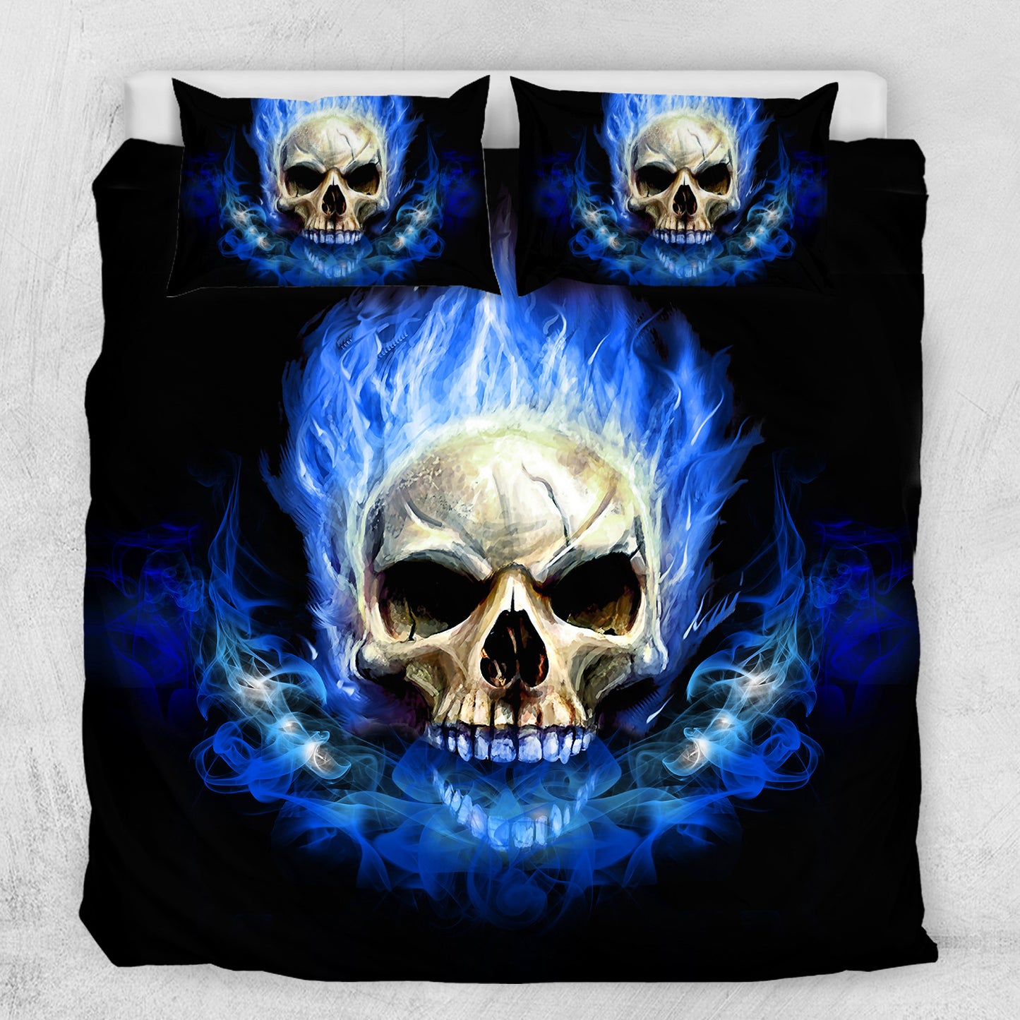 Blue Flame Skull 3 Piece Bedding Set Gothic Printed Duvet Cover Bed Sheet Set Home Decor