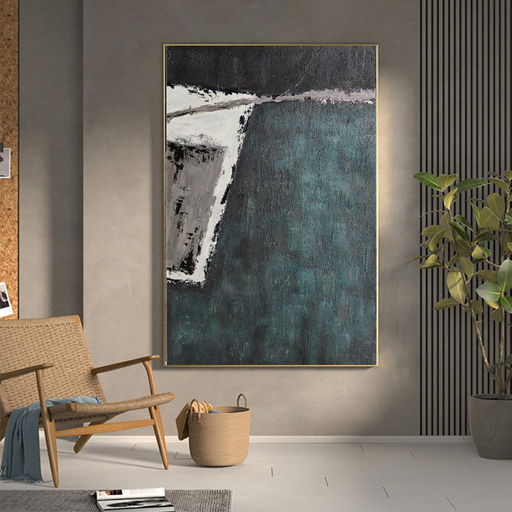 Large Handmade Abstract Painting – Retro Green Wabi-Sabi Texture Wall Art for Living Room Decor
