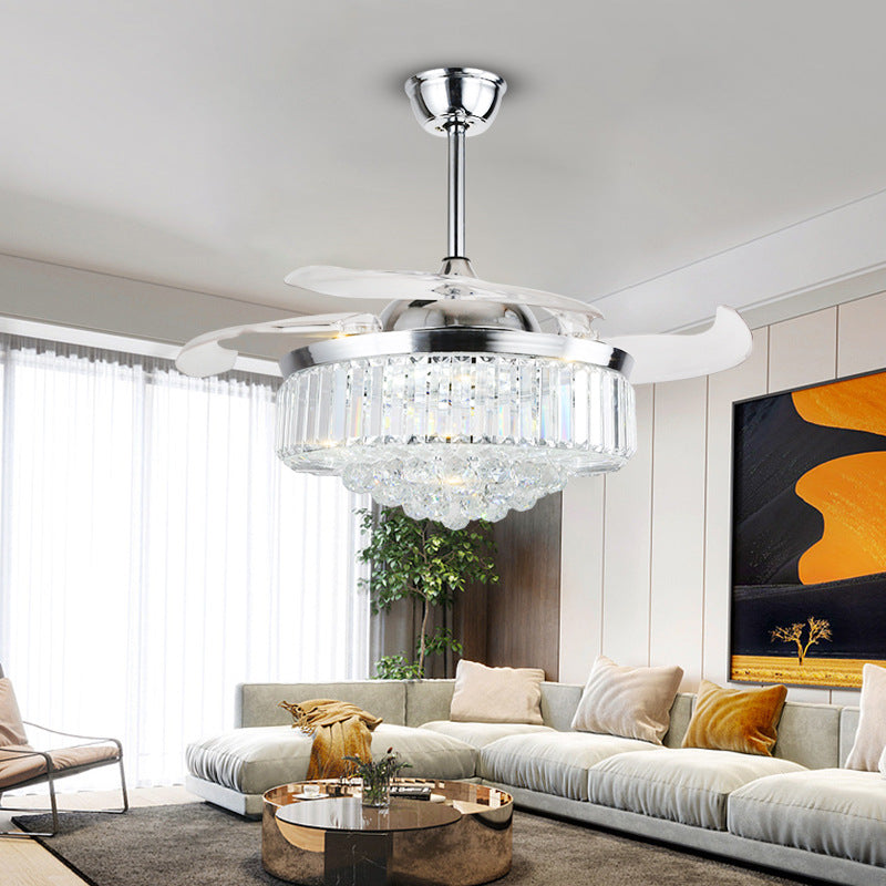 Crystal Ceiling Fan Light European Invisible LED Fan Chandelier All Copper Living Room Bedroom Dining Room Luxury Lamp