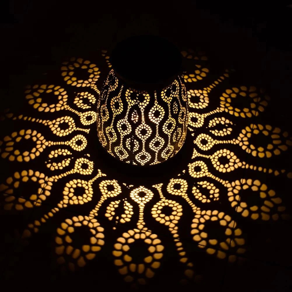 Solar Waterproof Iron Hanging Lantern Hollow Design Outdoor Garden Light Decorative LED Lamp