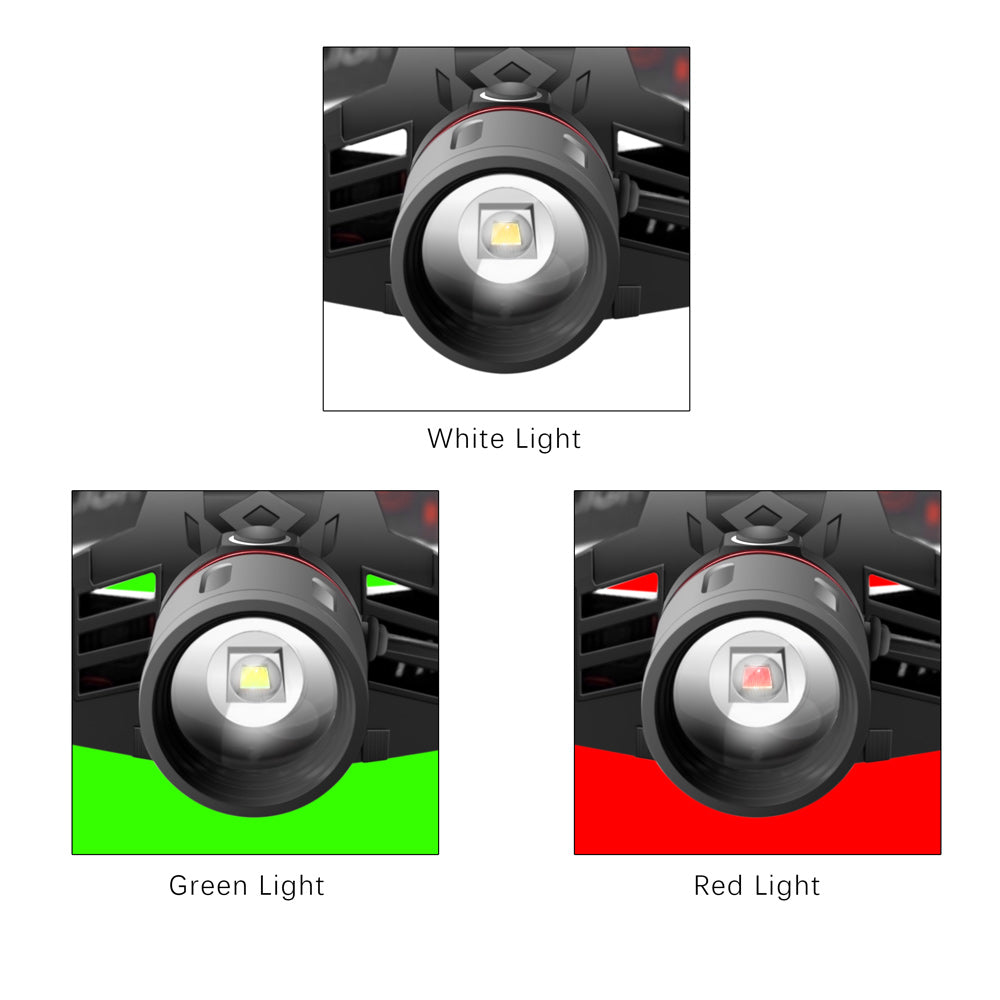 T6 Zoom Headlight White Green Red Light Multi-Mode LED Outdoor Camping Headlamp