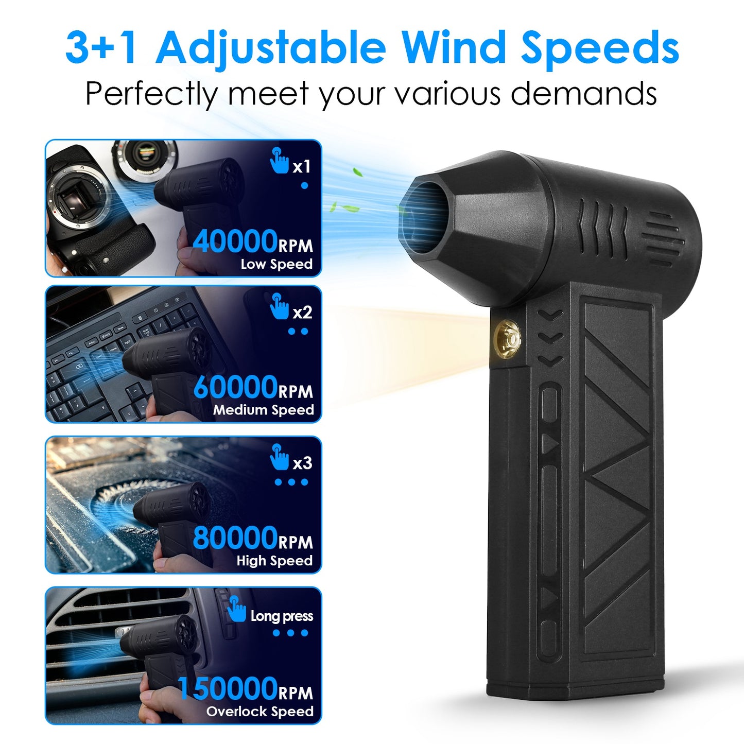 Rechargeable Compressed Air Duster 150000 RPM Cordless Air Blower with LED Light for PC Keyboard Car and Home Cleaning