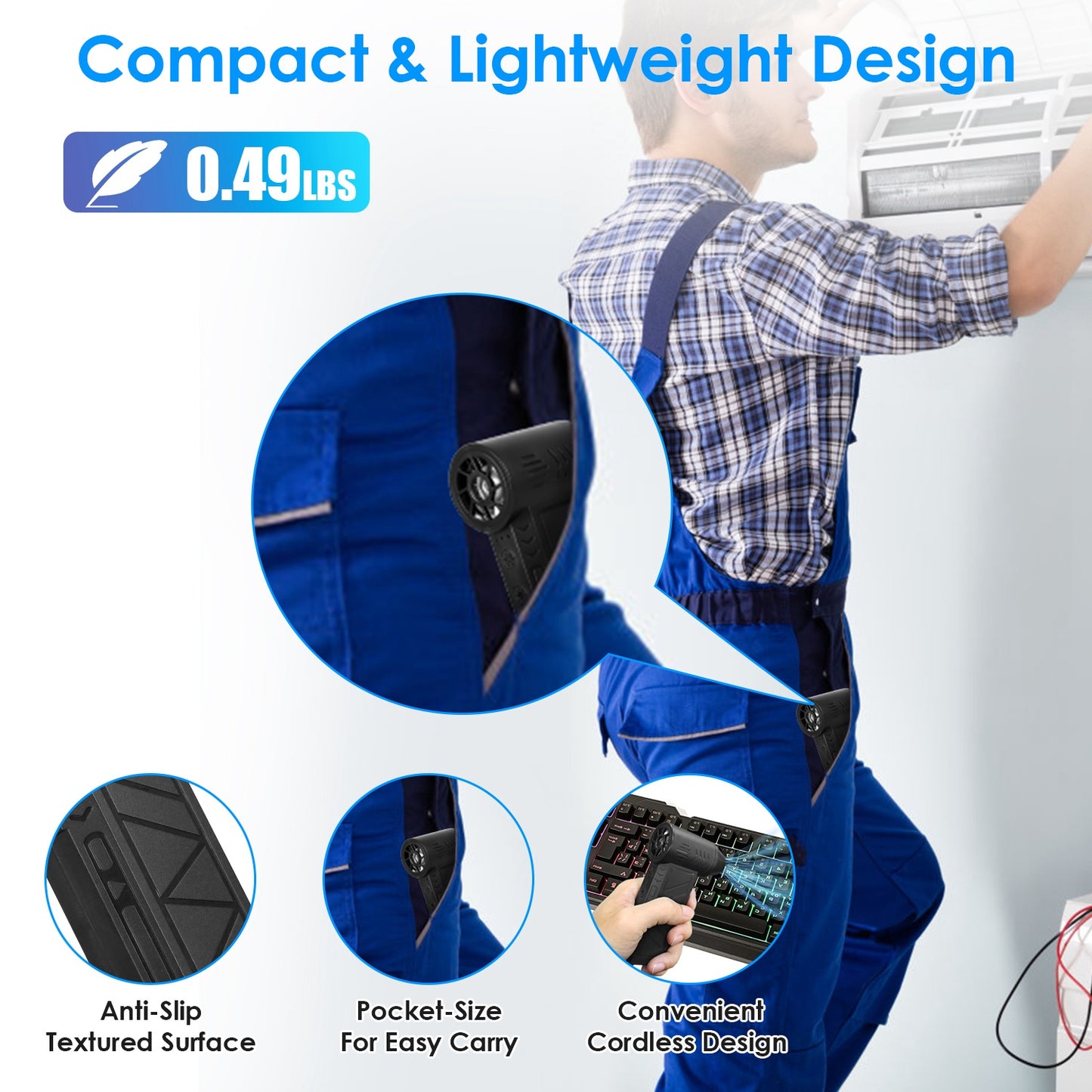 Rechargeable Compressed Air Duster 150000 RPM Cordless Air Blower with LED Light for PC Keyboard Car and Home Cleaning