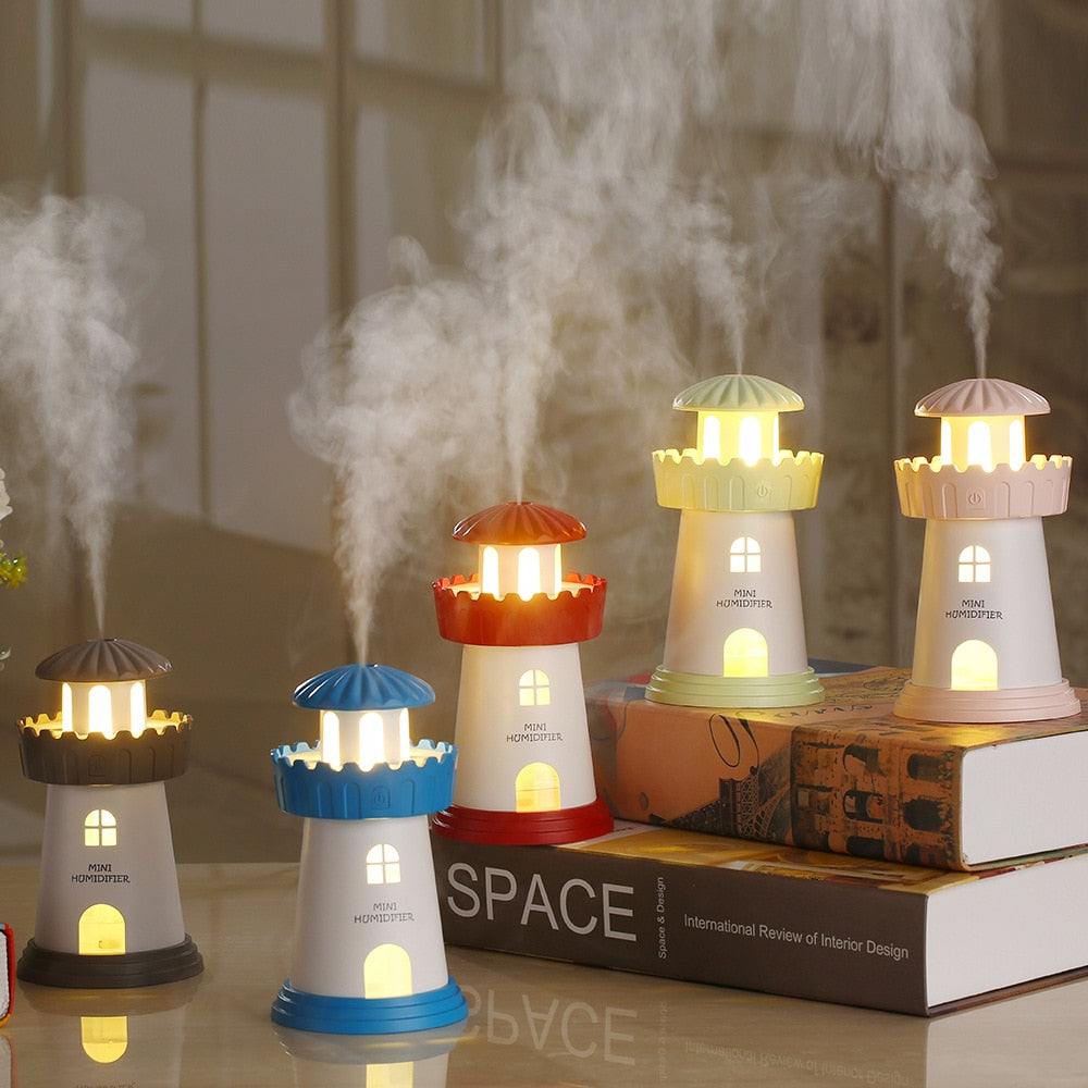 Home Lighthouse Humidifier Ultrasonic Aroma Diffuser Decorative LED Air Moisturizer for Bedroom and Living Room