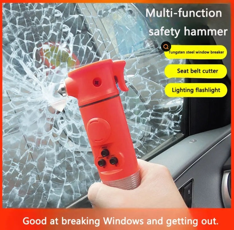 Multi-Functional Car Safety Hammer – Emergency Escape Tool with LED Flashlight (Red & Yellow)