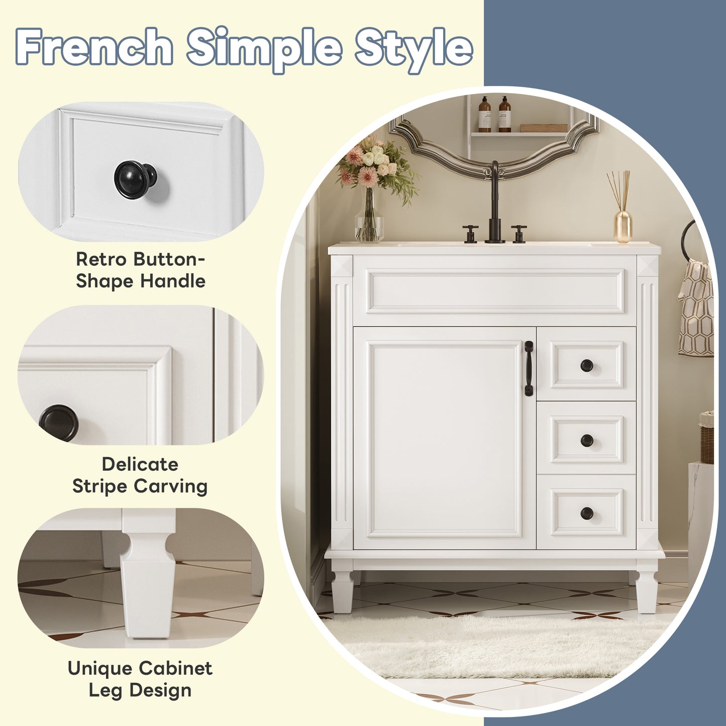 30 Inch Bathroom Vanity with Ceramic Sink Modern Small Bathroom Cabinet with 2 Drawers and Adjustable Shelf