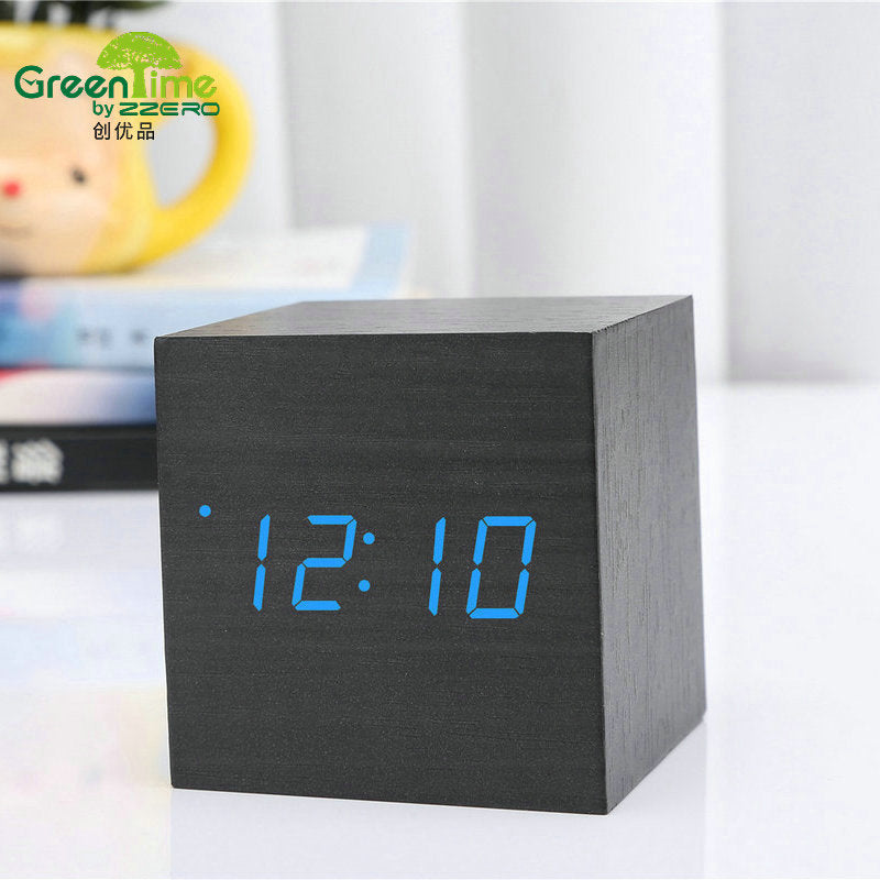 Minimalist Cube Wooden Digital Clock Sound Sensitive LED Display Temperature and Time Desk Alarm Clock