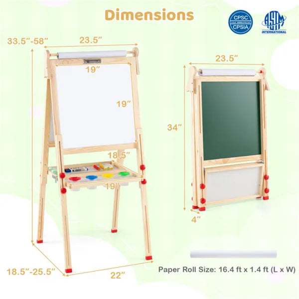 Natural Pine Wood 3-in-1 Kids Art Easel – Adjustable Magnetic Whiteboard & Chalkboard Drawing Board (Ages 3–14)