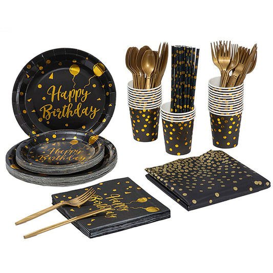 201PCS Black & Gold Birthday Party Supplies Set for 25 Guests – Disposable Plates, Cups, Napkins, Cutlery & Tablecloth