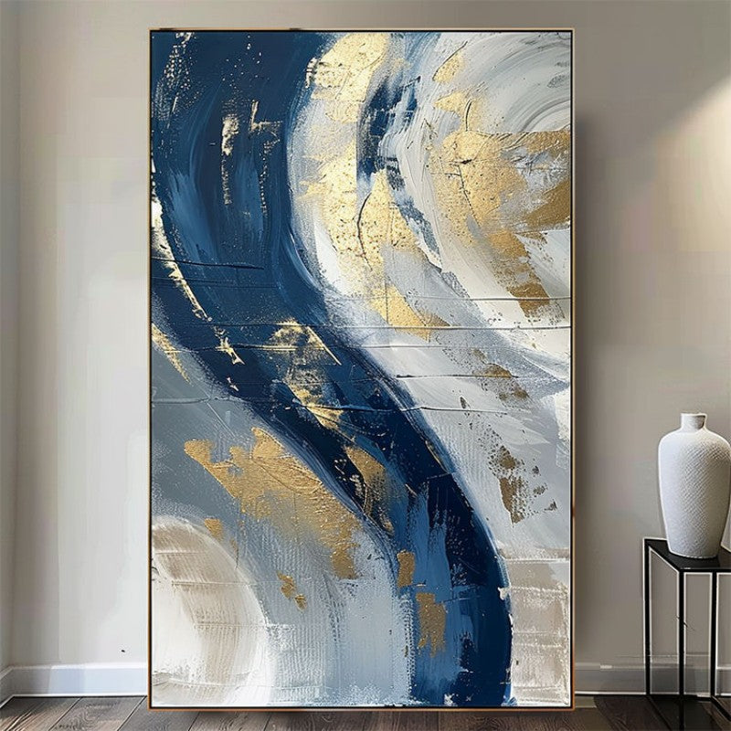 Luxury Handmade Abstract Oil Painting on Canvas Modern Golden Blue Minimalist Texture Wall Art for Living Room Decor Frameless
