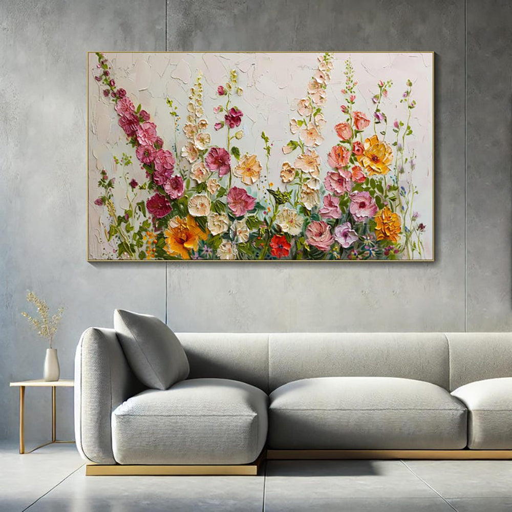 Abstract Floral Oil Painting Green Grass Flowers Field Thick Texture Handmade Canvas Wall Art Home Decor