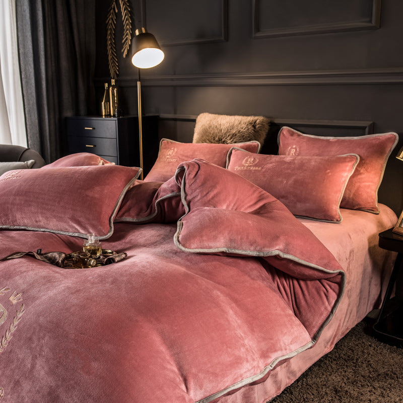 Autumn Winter Thick Fleece Bedding Set Pure Embroidery 4 Piece Quilt Cover Bed Sheet Set Warm Home Textile