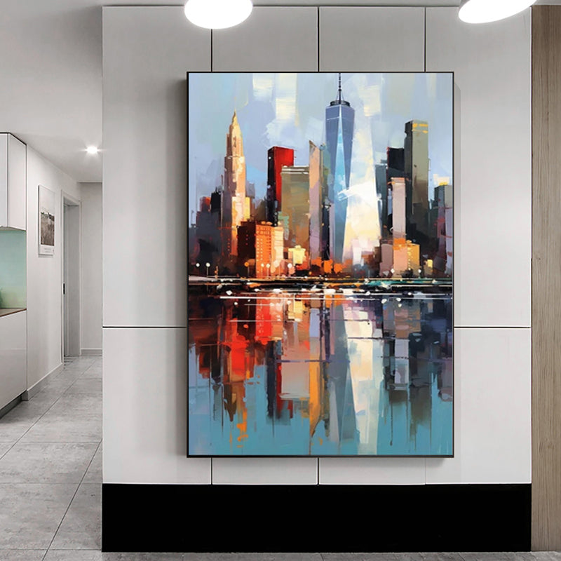 Handmade Abstract New York City Urban Architecture Oil Painting on Canvas Wall Art for Living Room Home Decor Frameless Unstretched
