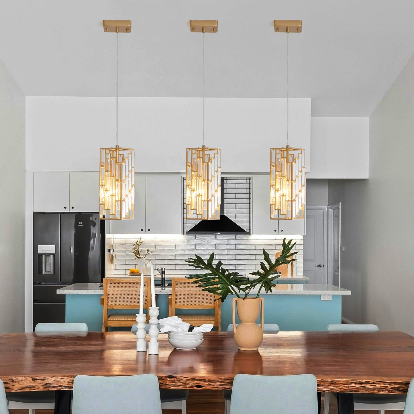 4-Inch Modern Crystal Pendant Light 3-Pack – Golden Adjustable Hanging Lamp for Dining Room & Kitchen Island