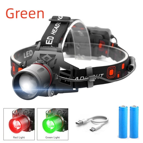 T6 Zoom Headlight White Green Red Light Multi-Mode LED Outdoor Camping Headlamp