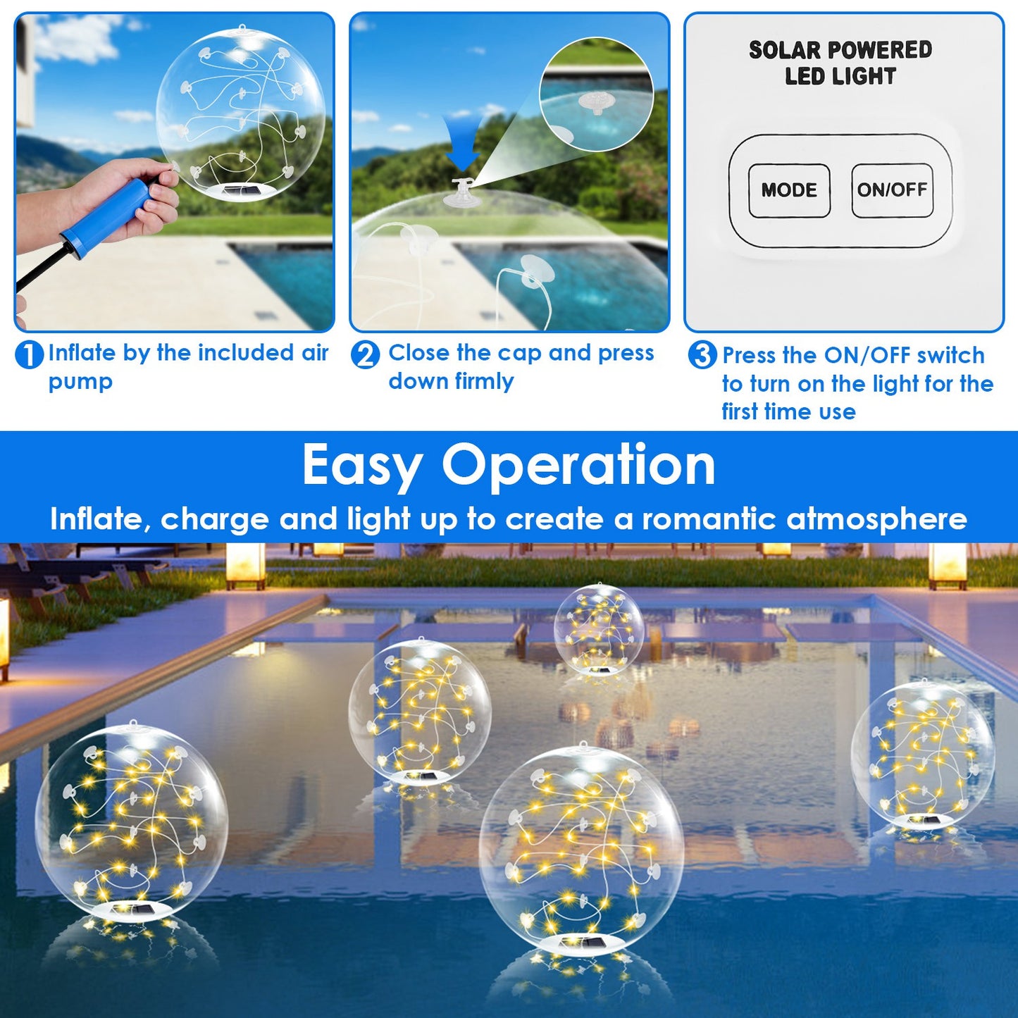 2Pcs 14in Solar Floating Pool Lights IP68 Waterproof Inflatable Pool Balls with Remote Control & Timer