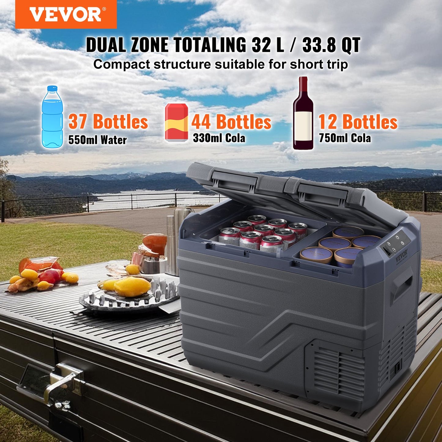 Portable Car Refrigerator 32L Compressor Freezer Dual Zone Mini Fridge for Car and Home Use