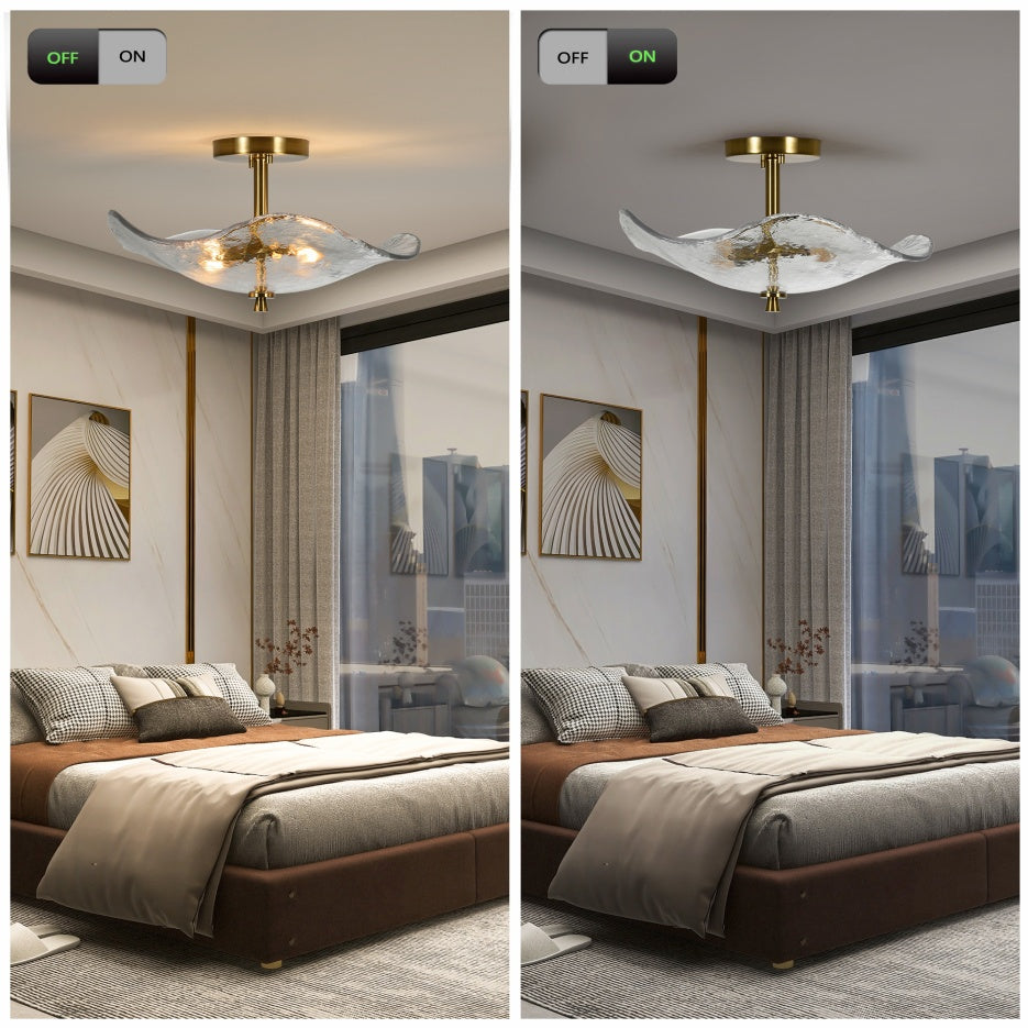 16.5 Inch Glass Semi Flush Mount Ceiling Light Fixture Modern Gold 2-Light Bedroom Bathroom Kitchen Hallway Ceiling Lamp