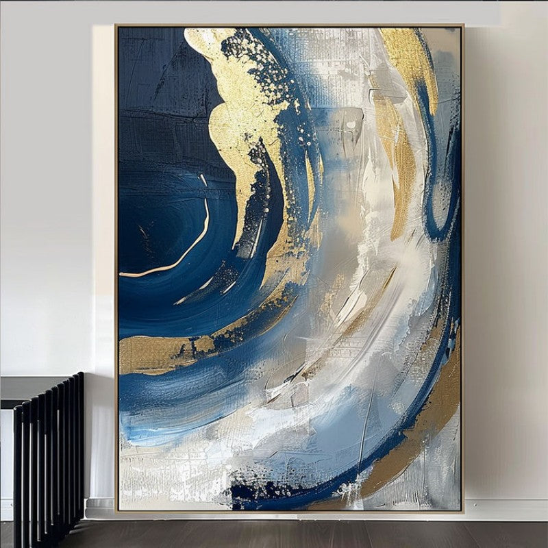 Luxury Handmade Abstract Oil Painting on Canvas Modern Golden Blue Minimalist Texture Wall Art for Living Room Decor Frameless