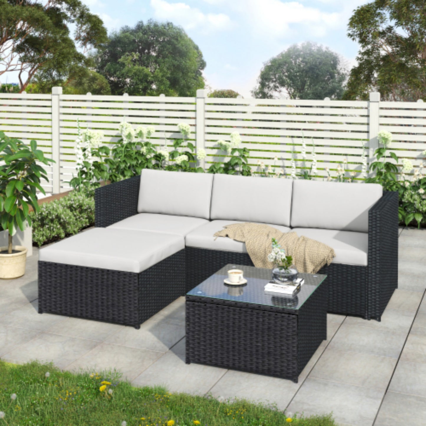 Black Rattan Garden Corner Sofa Set Patio Furniture Lounge Set Outdoor Entertaining Seating
