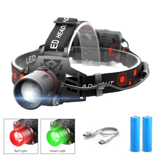 T6 Zoom Headlight White Green Red Light Multi-Mode LED Outdoor Camping Headlamp