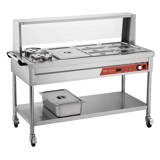 Commercial 7 Pan Food Warmer Steam Table with 2 Pots and Undershelf Shield for Buffet and Catering Use