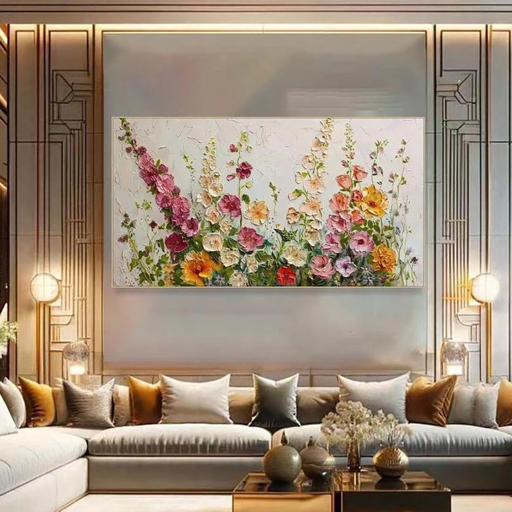 Abstract Floral Oil Painting Green Grass Flowers Field Thick Texture Handmade Canvas Wall Art Home Decor