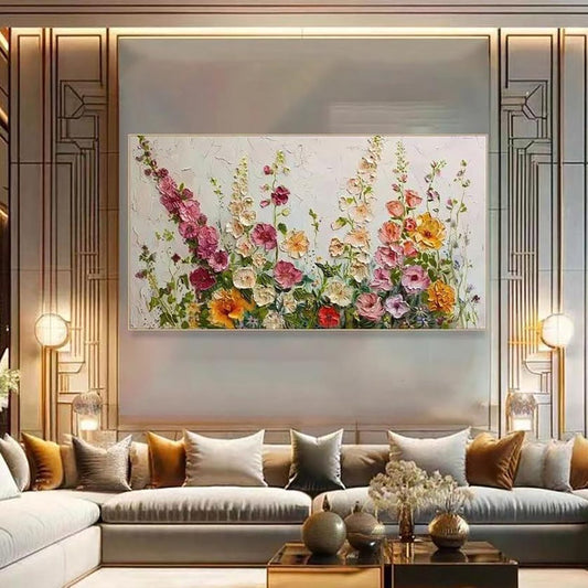 Abstract Floral Oil Painting Green Grass Flowers Field Thick Texture Handmade Canvas Wall Art Home Decor