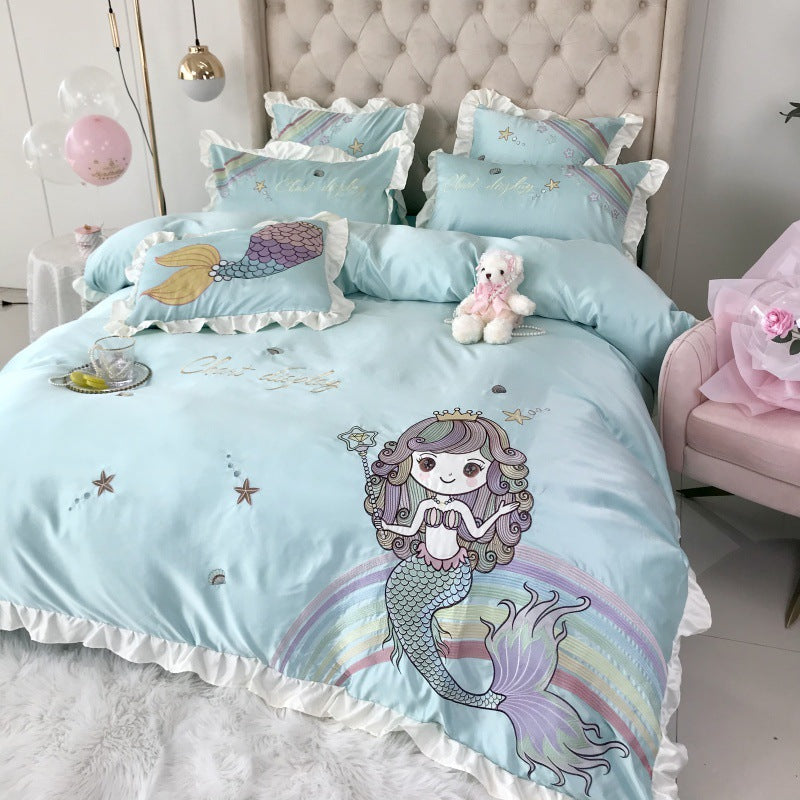 Mermaid Cotton Four Piece Bedding Set Embroidered Naked Sleep Style Soft Duvet Cover Bed Sheet Set