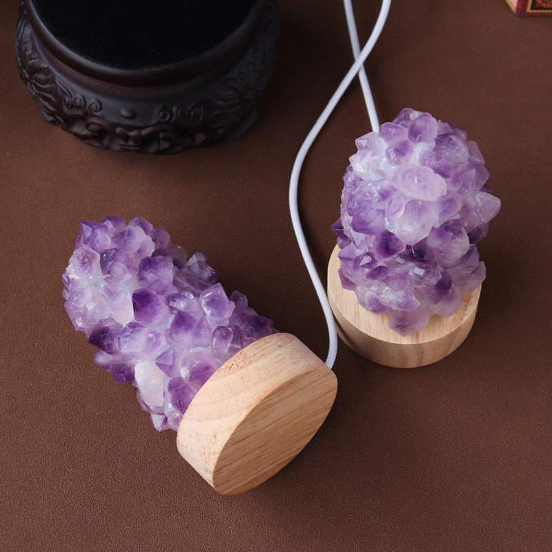 Natural Amethyst Crystal Night Light USB Plug In Mini Gemstone Lamp for Bedroom Desk Home Decor