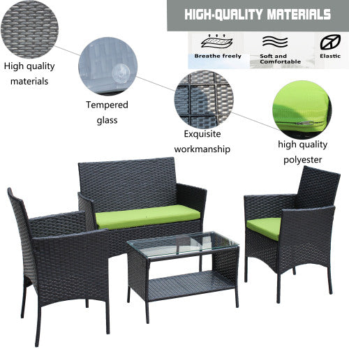 4 Piece Rattan Patio Furniture Set Outdoor Wicker Sofa with Cushioned Seats Green Cushion Garden Outdoor Seating Set