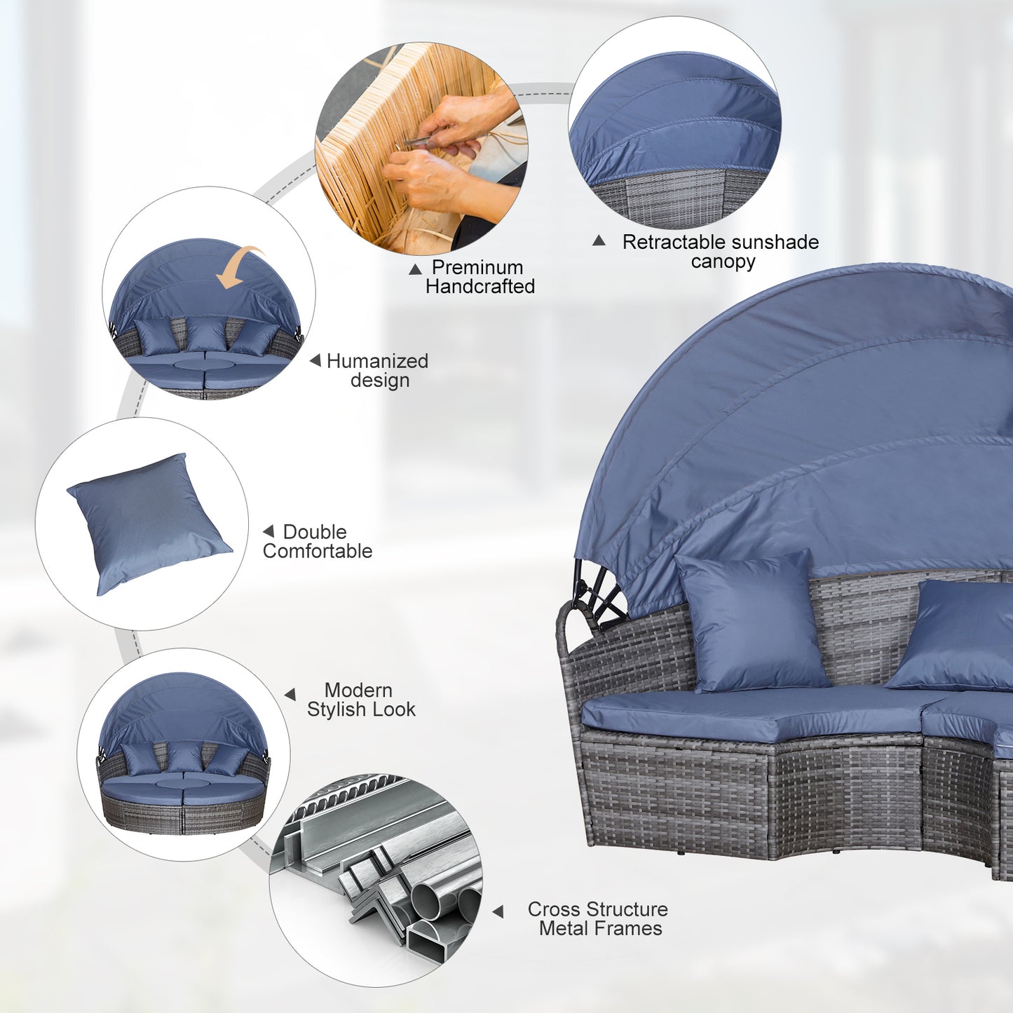 Outdoor PE Rattan Garden Furniture Set Round Daybed with Retractable Canopy Cushions & Coffee Table Grey Blue