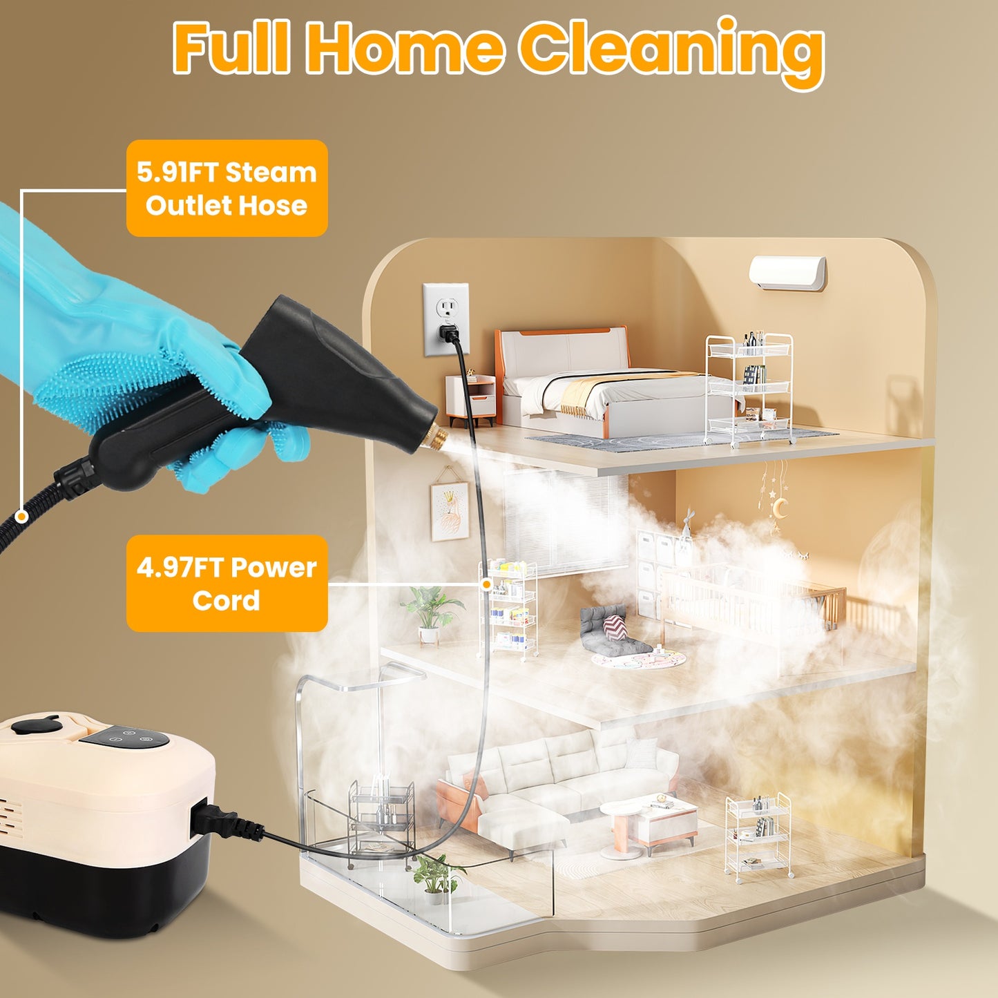 1500W Handheld Steam Cleaner High Temperature Pressure 1200ML Tank 6 Steam Levels with 8 Accessories for Home Car Tile and Sofa Cleaning