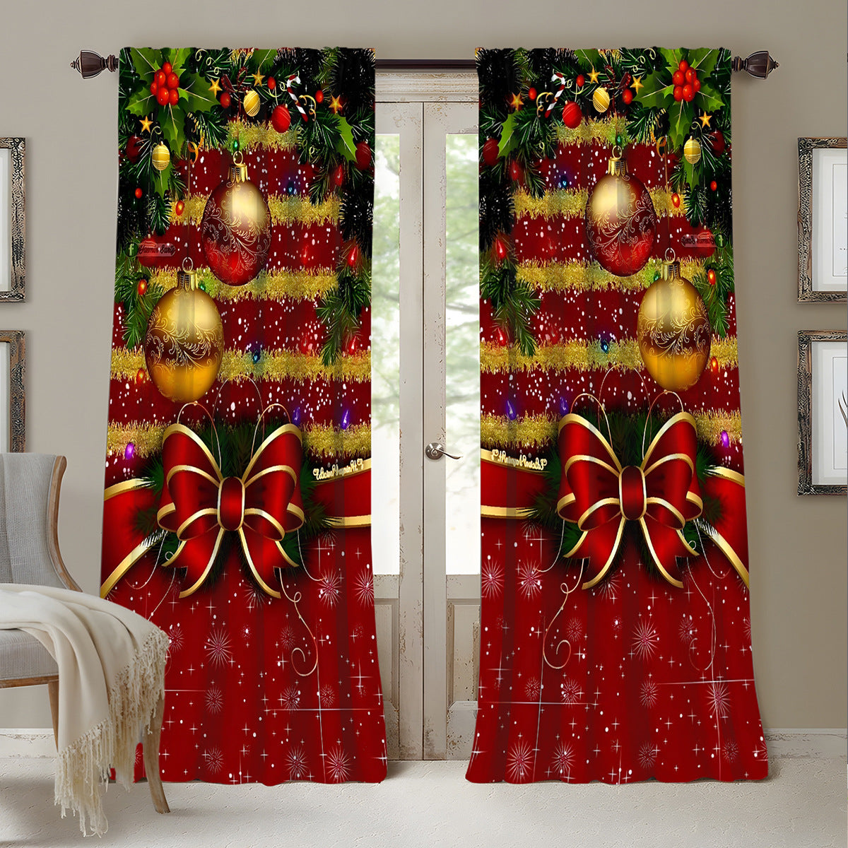 2PCs Christmas Curtains 3D Digital Printing Flower Window Drapes Festive Home Decoration