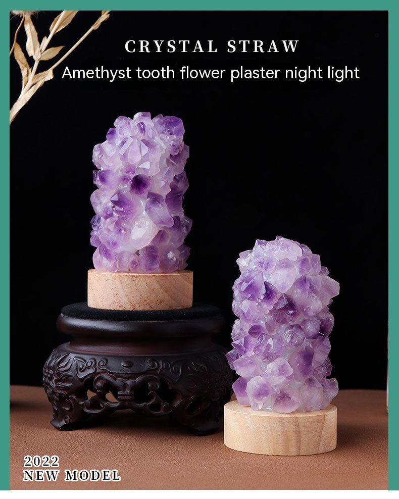 Natural Amethyst Crystal Night Light USB Plug In Mini Gemstone Lamp for Bedroom Desk Home Decor