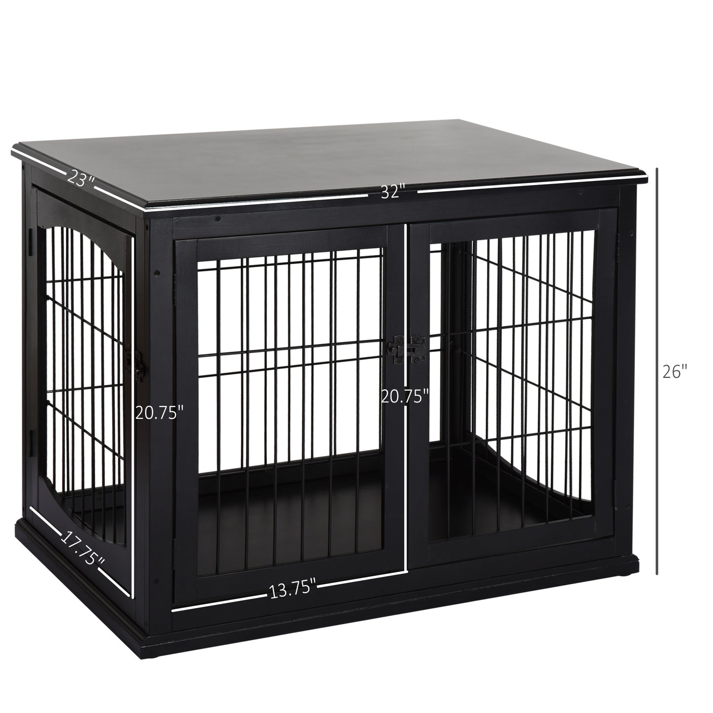 32 Inch Dog Crate Furniture Small Dog Cage End Table with 2 Doors Lockable Puppy Kennel Indoor Black