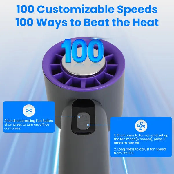 100-Speed Handheld Turbo Fan with Ice Cooling High Speed 3000mAh Rechargeable Fan with LCD Display for Travel Camping Outdoor Use