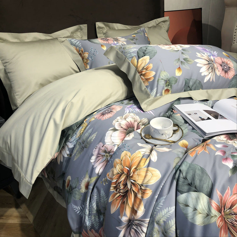 Four Piece Digital Printing Long Staple Cotton Bedding Set Soft Breathable Duvet Cover Bed Sheet Pillowcase Set