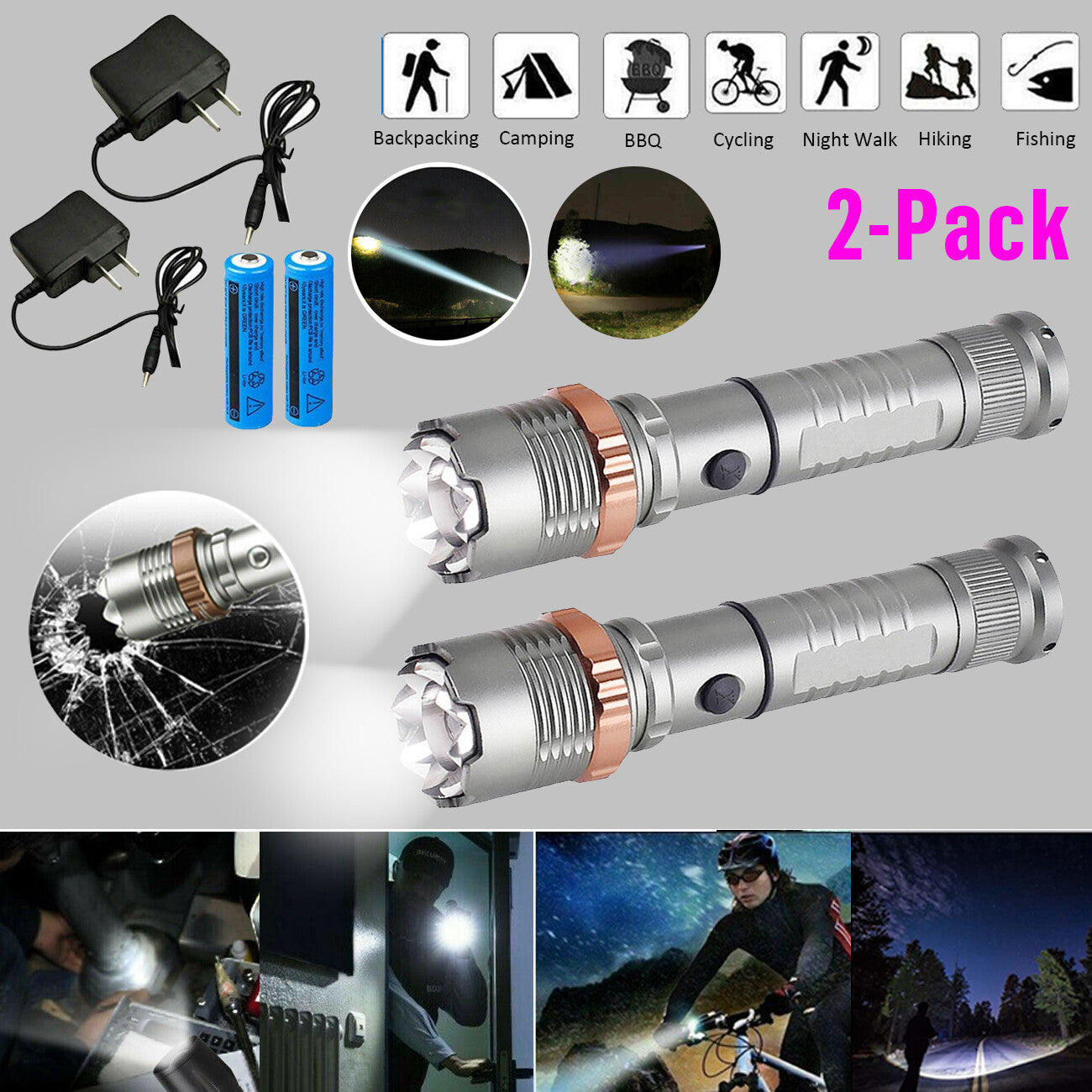 Rechargeable LED Flashlight with Escape Hammer – Super Bright Emergency Work Torch Light