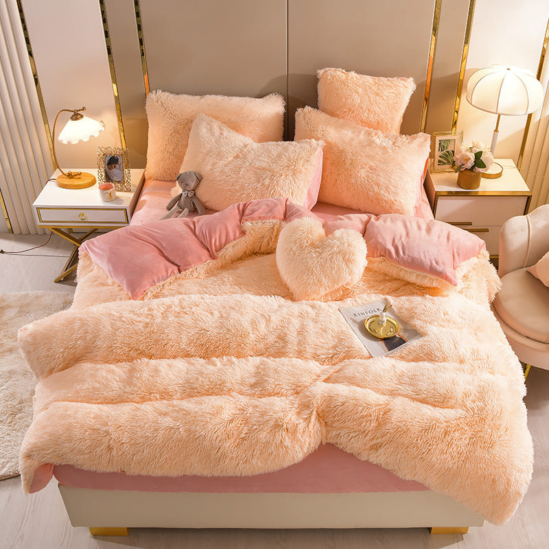 Plush Thickened Warm Mink Fur Four Piece Bedding Set Soft Winter Duvet Cover Bed Sheet Pillowcase Set