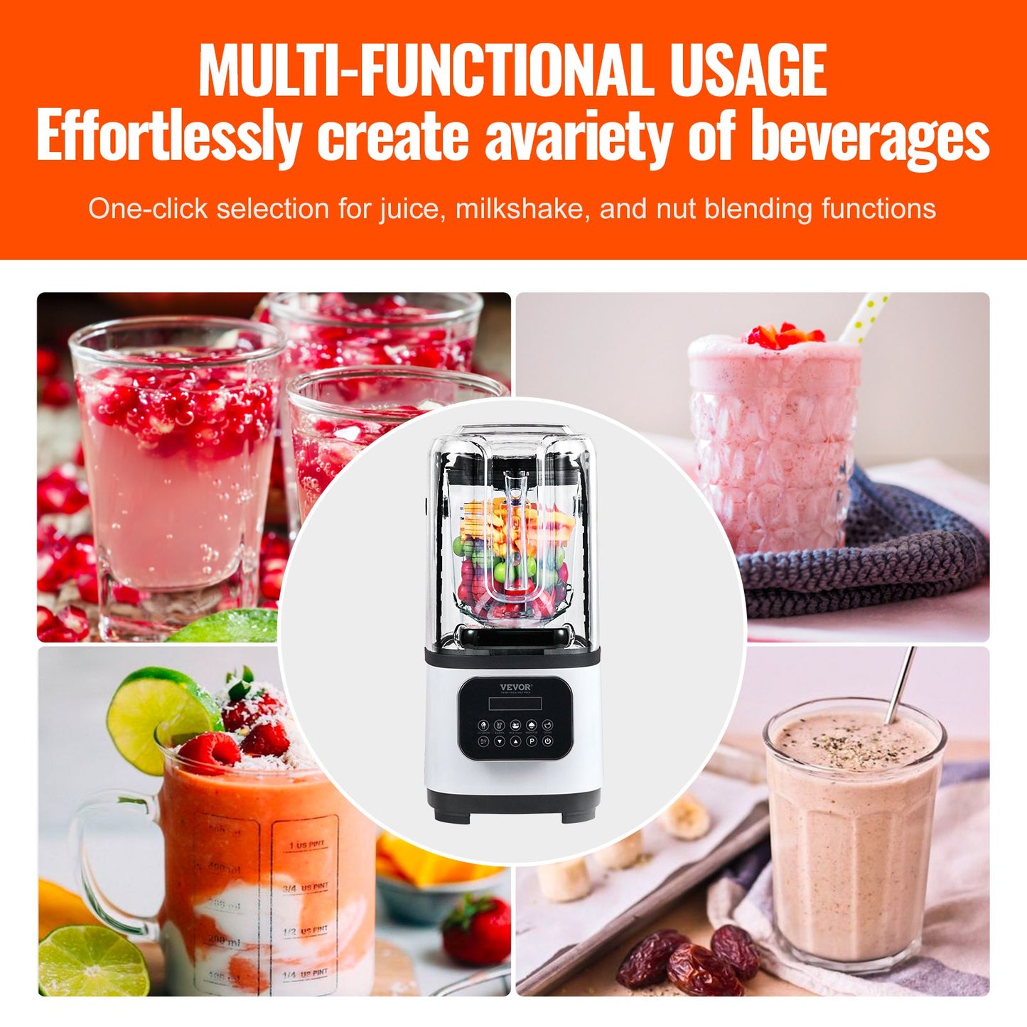 Professional Blender with Shield Commercial Countertop Blender 68 Oz Jar Stainless Steel 9 Speed 5 Functions for Shakes Smoothies Puree and Ice Crushing White