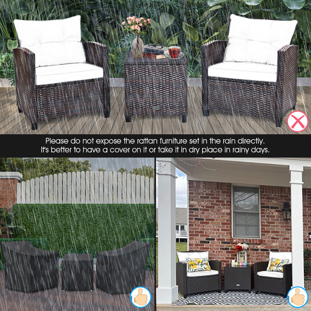 3 Pieces Rattan Patio Furniture Set with Washable Cushions Outdoor Garden Sofa Table Seating Set