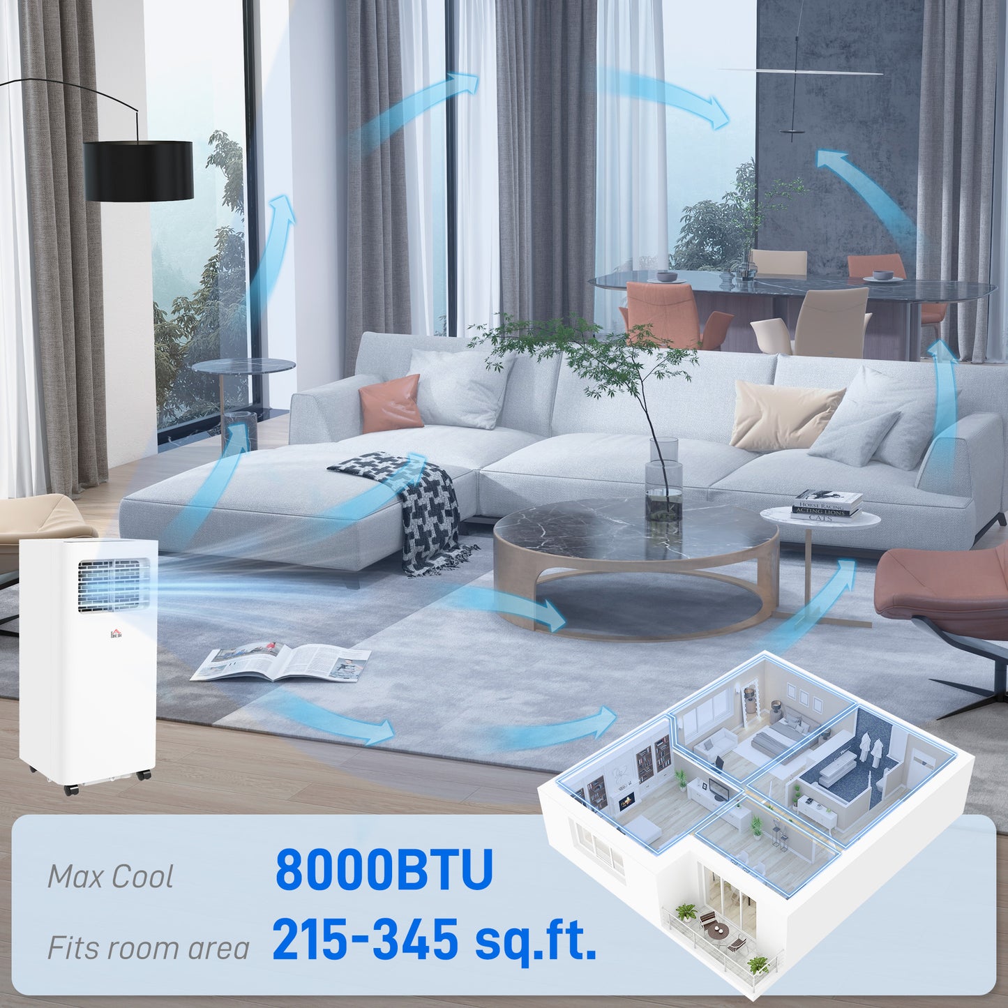 8000 BTU Portable Air Conditioner for 345 Sq Ft Room White AC Unit with Dehumidifier Sleep Mode 24H Timer & Window Kit