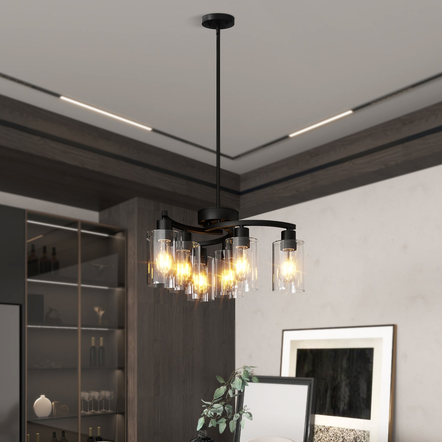 6-Light Modern Farmhouse Black Chandelier – Industrial Glass Pendant Light for Kitchen & Dining Room